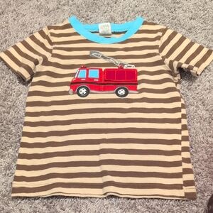 Brown Striped Kids Shirt with Fire Truck Design